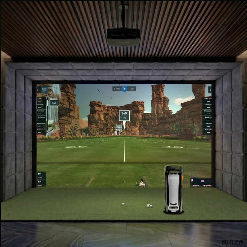 Uneekor EYE MINI custom installed golf simulator room with velvet wall and ceiling padding.