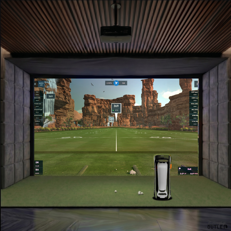 Uneekor EYE MINI custom installed golf simulator room with velvet wall padding and mesh ceiling.