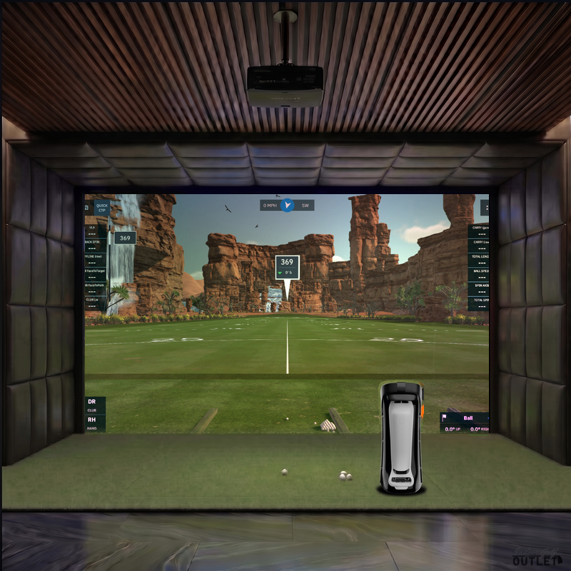 Uneekor EYE MINI custom installed golf simulator room with leatherette wall and ceiling padding.