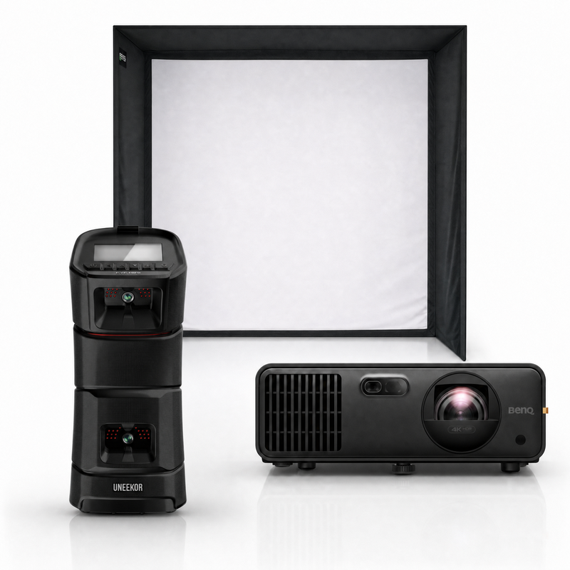 Uneekor EYE MINI launch monitor with SIG enclosure and projector golf simulator package