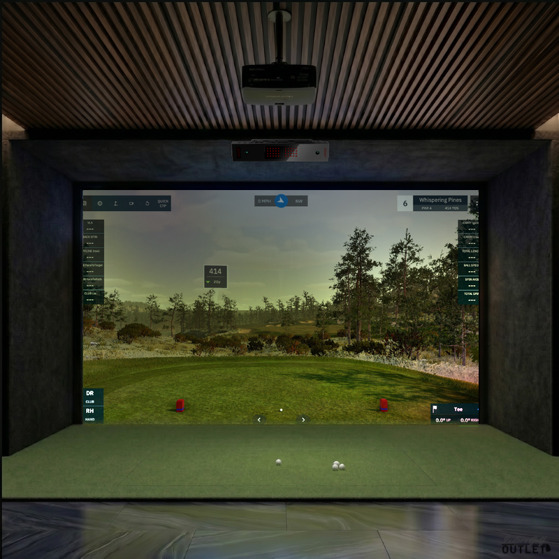 Uneekor EYE XO custom installed golf simulator room with acoustic carpet wall and ceiling padding.