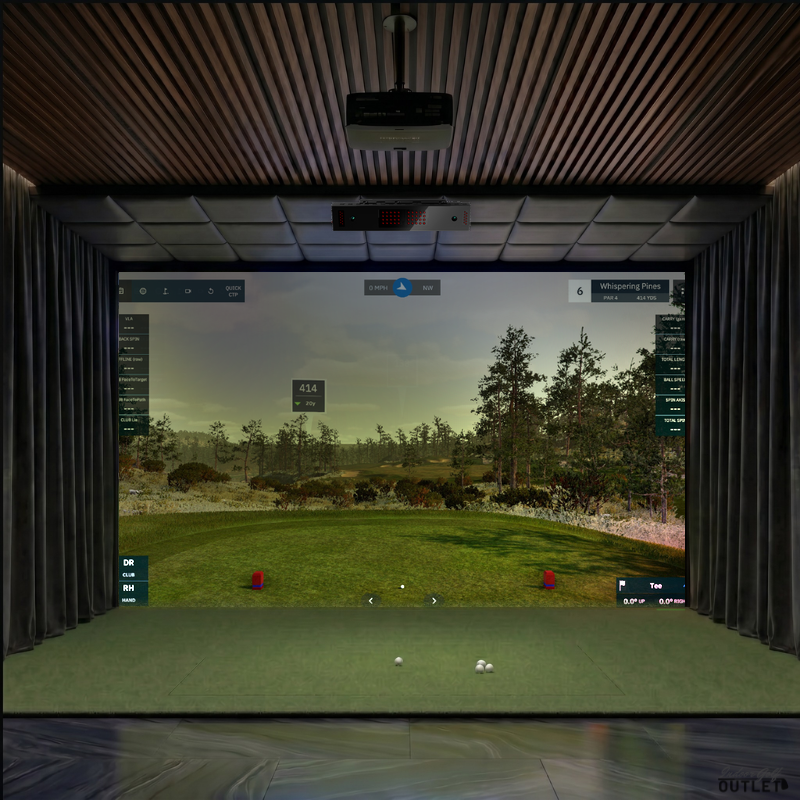 Uneekor EYE XO custom installed golf simulator room with wall curtains and leatherette ceiling padding.