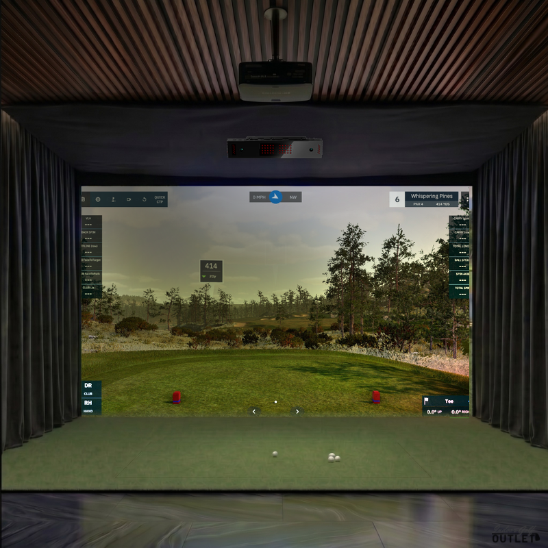 Uneekor EYE XO custom installed golf simulator room with wall curtains and mesh ceiling.