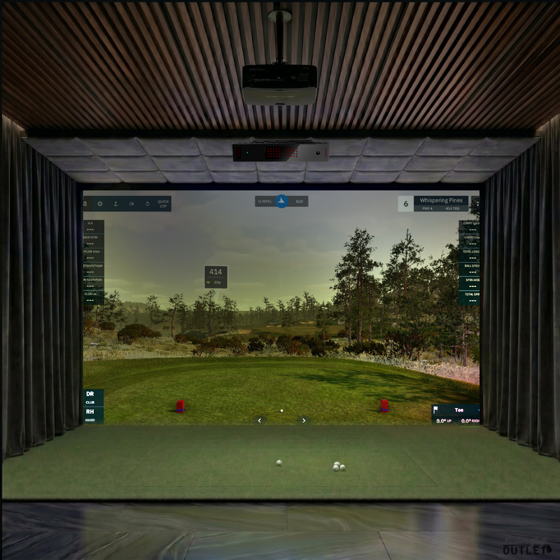 Uneekor EYE XO custom installed golf simulator room with wall curtains and velvet ceiling padding.