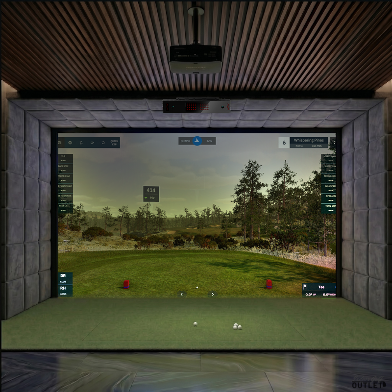 Uneekor EYE XO custom installed golf simulator room with velvet wall and ceiling padding.