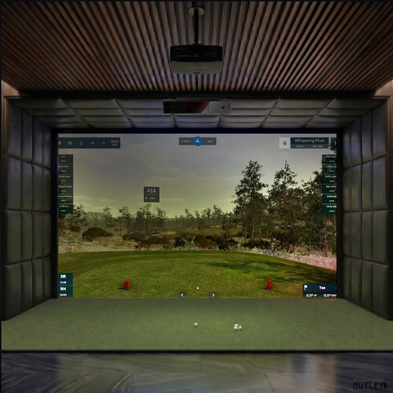 Uneekor EYE XO custom installed golf simulator room with leatherette wall and ceiling padding.
