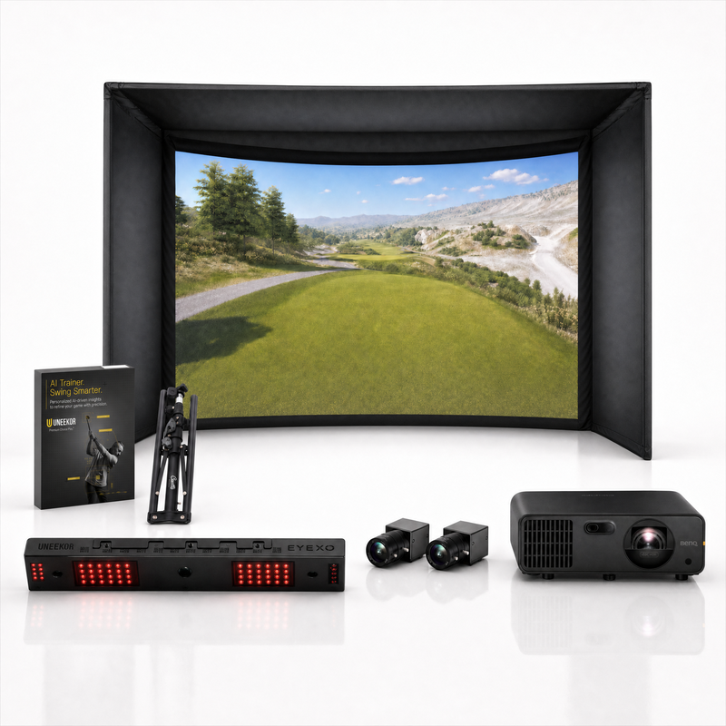 Uneekor EYE XO launch monitor with Carl's Place Curved golf simulator enclosure and BenQ projector