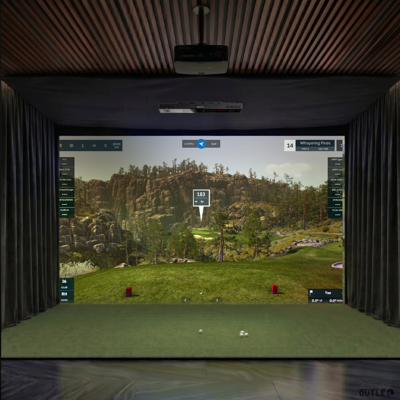 Uneekor EYE XO2 custom installed golf simulator room with wall curtains and mesh ceiling.