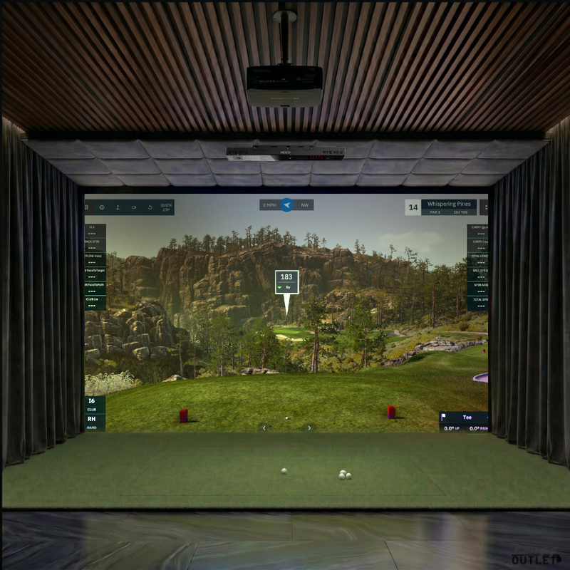Uneekor EYE XO2 custom installed golf simulator room with wall curtains and velvet ceiling padding.