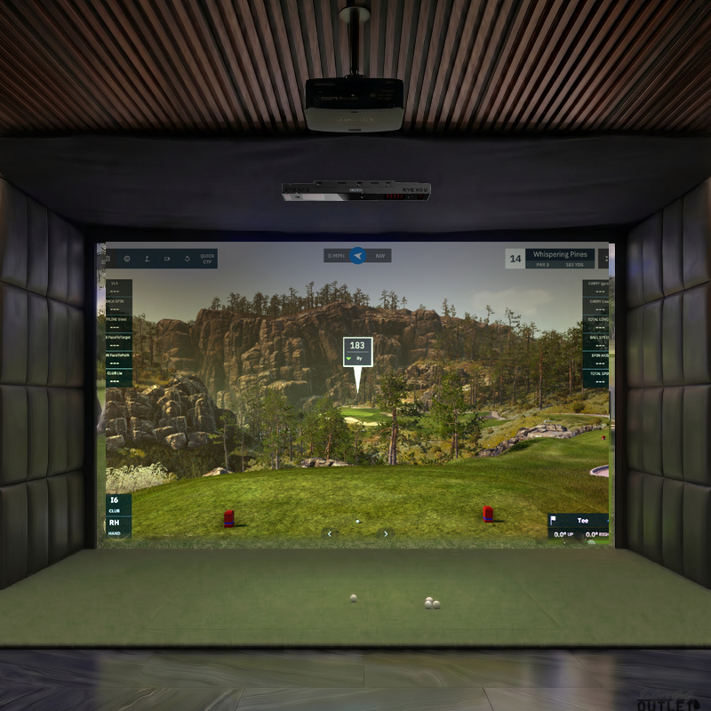 Uneekor EYE XO2 custom installed golf simulator room with leatherette wall padding and mesh ceiling.