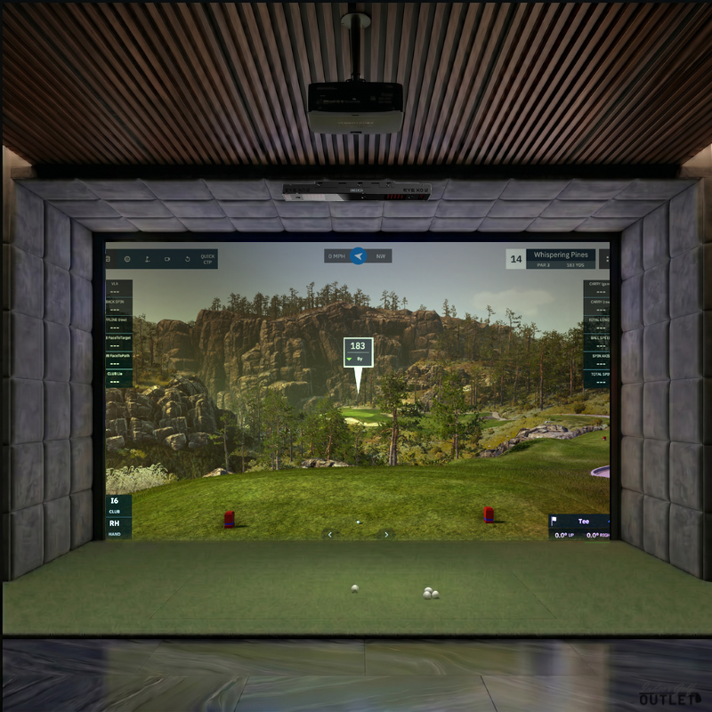 Uneekor EYE XO2 custom installed golf simulator room with velvet wall and ceiling padding.