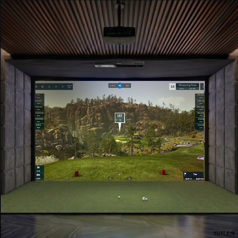 Uneekor EYE XO2 custom installed golf simulator room with velvet wall padding and mesh ceiling.