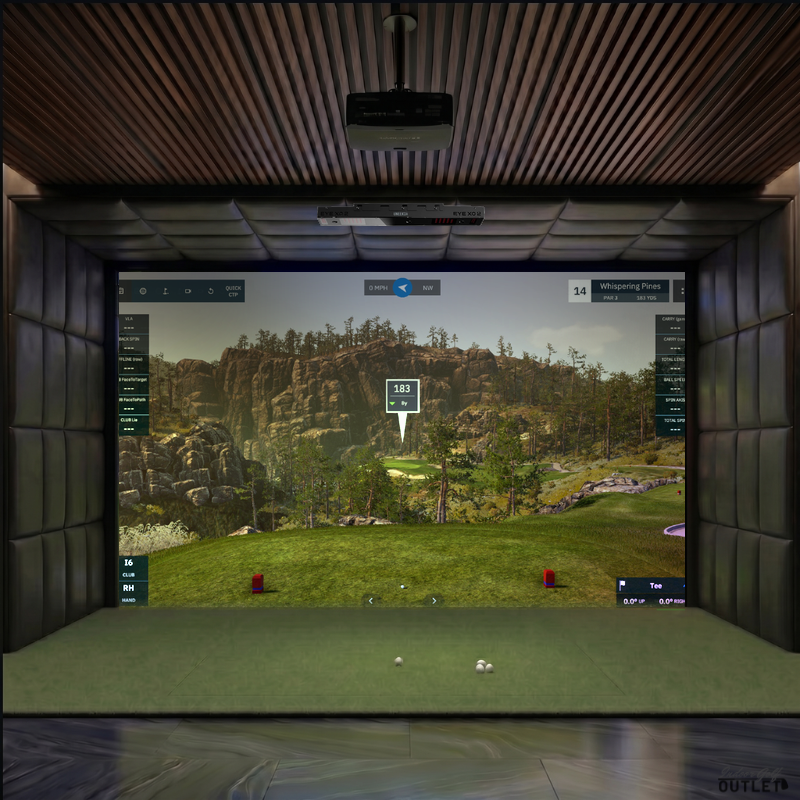 Uneekor EYE XO2 custom installed golf simulator room with leatherette wall and ceiling padding.