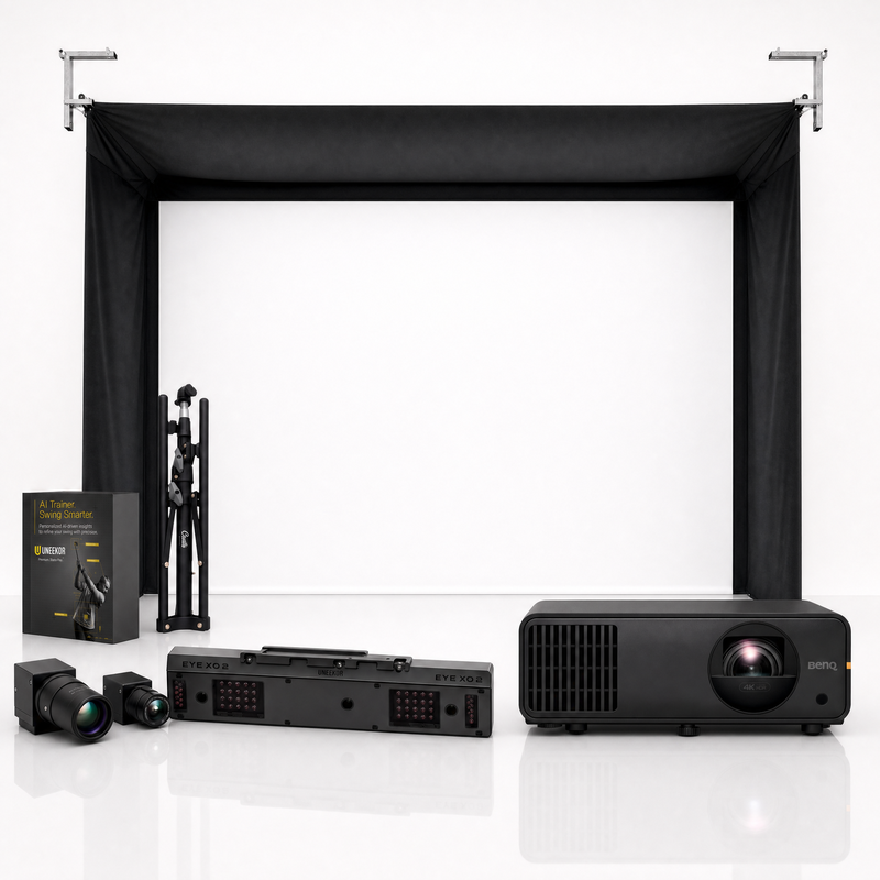 Uneekor EYE XO2 launch monitor with SportScreen Vanish golf simulator enclosure and BenQ projector