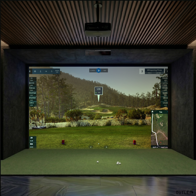 Uneekor EYE XR custom installed golf simulator room with acoustic carpet wall and ceiling padding.