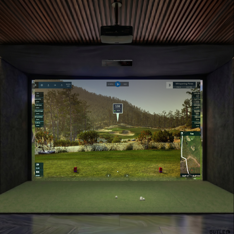 Uneekor EYE XR custom installed golf simulator room with acoustic carpet wall padding and mesh ceiling.