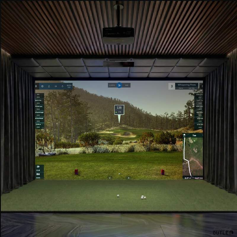 Uneekor EYE XR custom installed golf simulator room with wall curtains and leatherette ceiling padding.