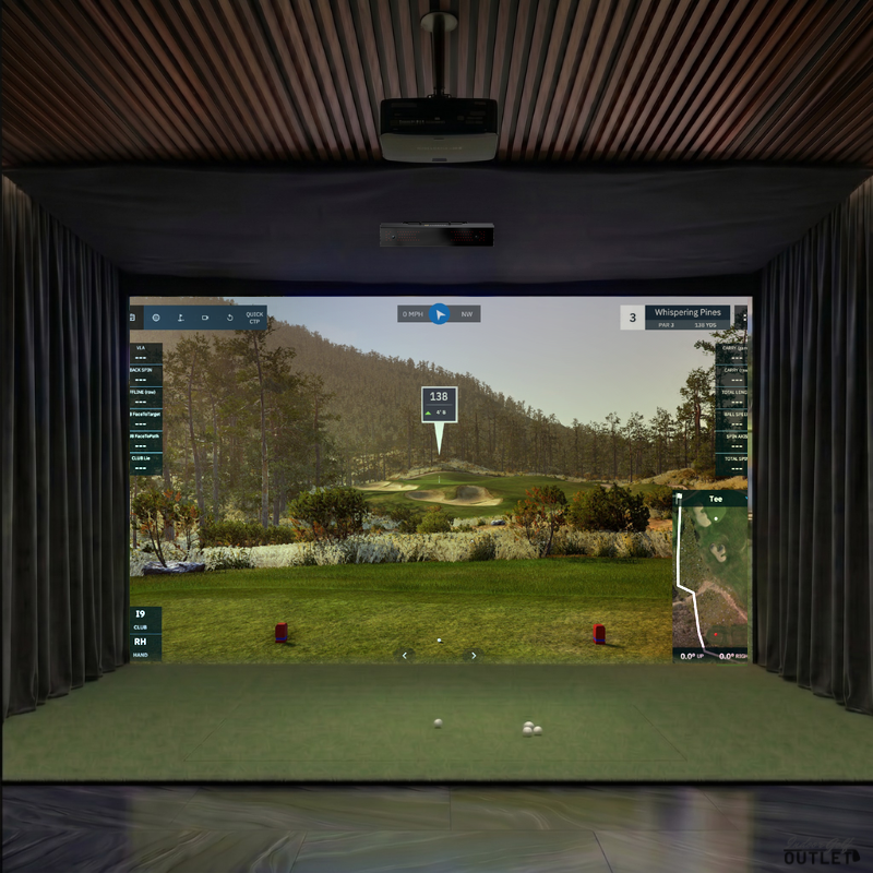 Uneekor EYE XR custom installed golf simulator room with wall curtains and mesh ceiling.