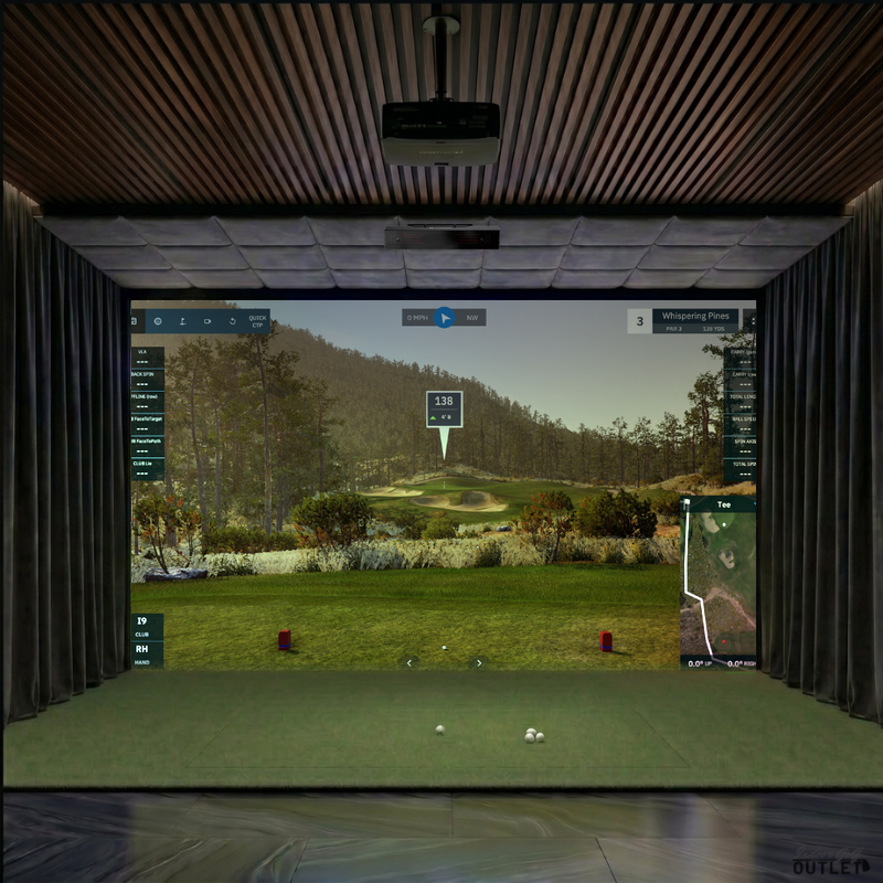Uneekor EYE XR custom installed golf simulator room with wall curtains and velvet ceiling padding.