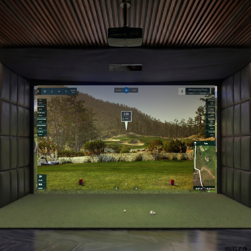 Uneekor EYE XR custom installed golf simulator room with leatherette wall padding and mesh ceiling.