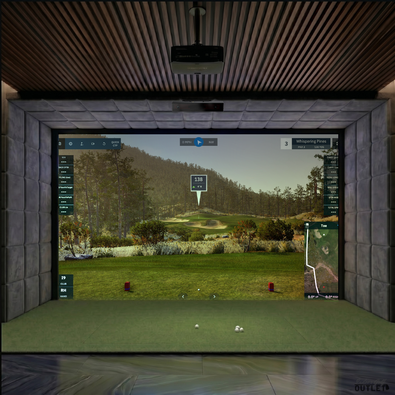 Uneekor EYE XR custom installed golf simulator room with velvet wall and ceiling padding.