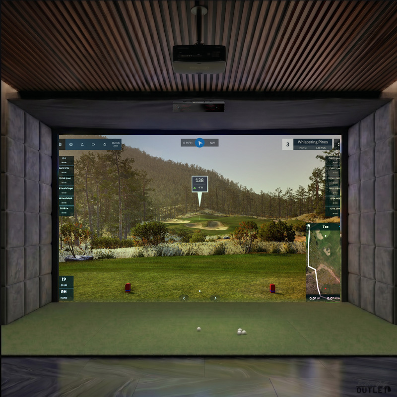 Uneekor EYE XR custom installed golf simulator room with velvet wall padding and mesh ceiling.