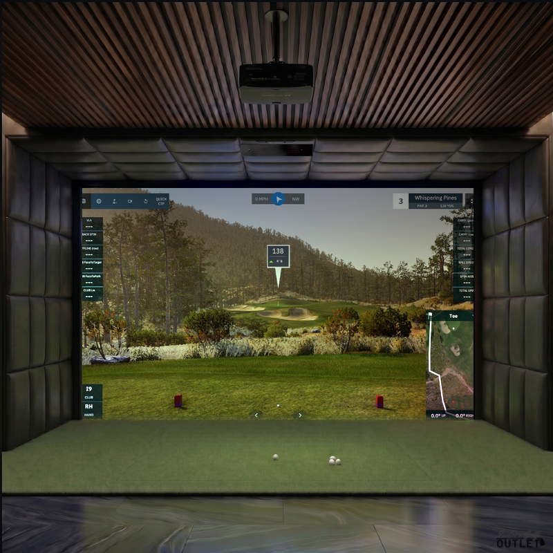 Uneekor EYE XR custom installed golf simulator room with leatherette wall and ceiling padding.