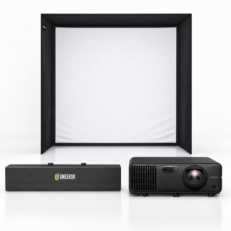 Uneekor EYE XR launch monitor with SIG enclosure and projector golf simulator package