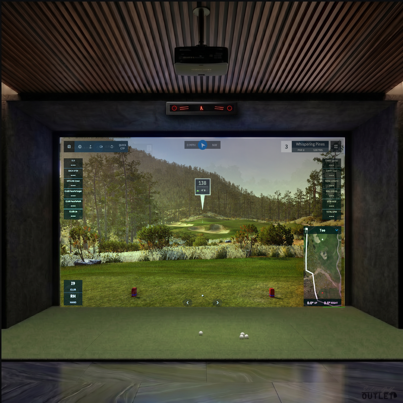 VTrack custom installed golf simulator room with acoustic carpet wall and ceiling padding.