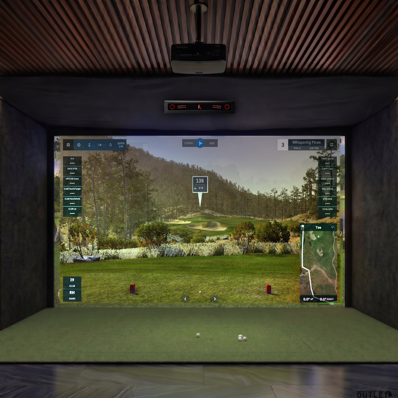 VTrack custom installed golf simulator room with acoustic carpet wall padding and mesh ceiling.
