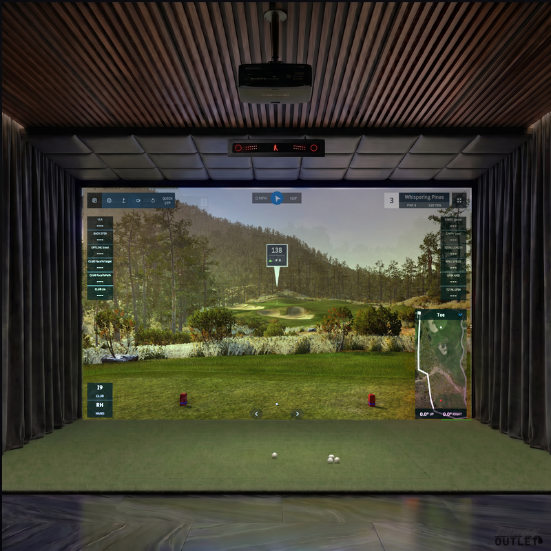 VTrack custom installed golf simulator room with wall curtains and leatherette ceiling padding.