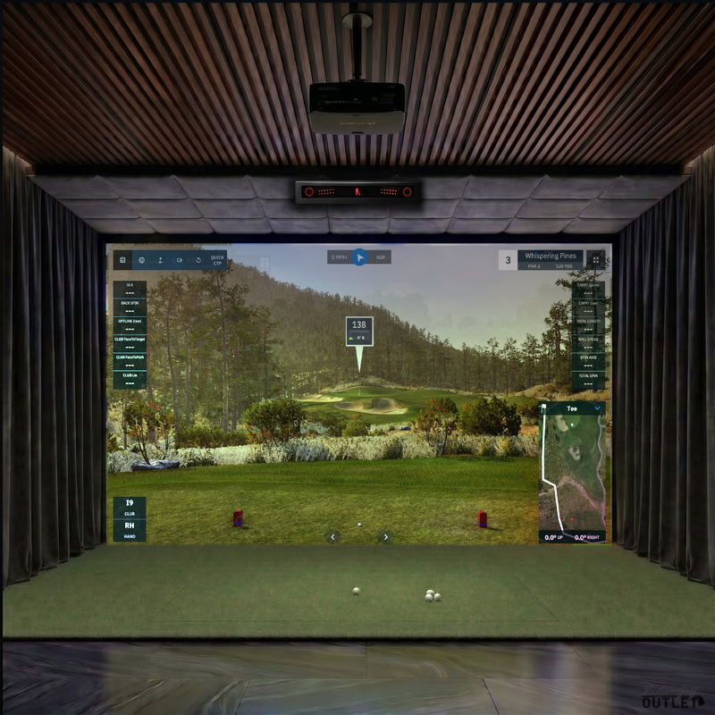 VTrack custom installed golf simulator room with wall curtains and velvet ceiling padding.