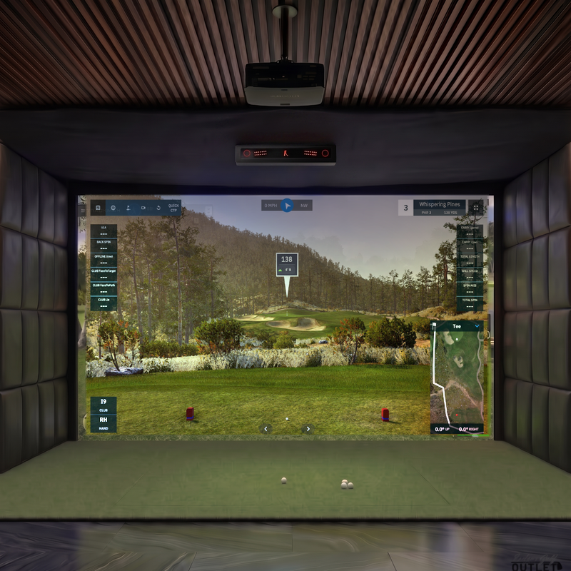 VTrack custom installed golf simulator room with leatherette wall padding and mesh ceiling.