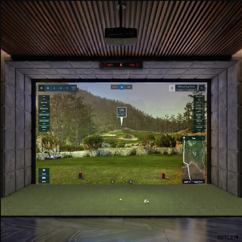 VTrack custom installed golf simulator room with velvet wall and ceiling padding.