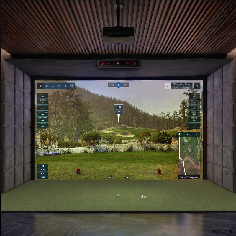 VTrack custom installed golf simulator room with velvet wall padding and mesh ceiling.